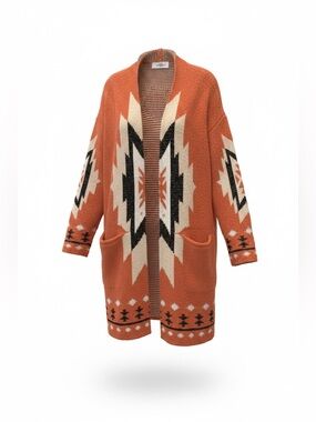 Oversized Coral Aztec Open-Front Cardigan Sweater